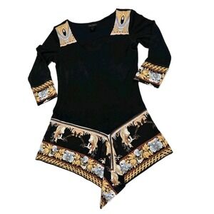 Eva Varro 3/4 Sleeve Asymmetrical Hem Tunic Top Dress Black Gold Baroque Small
